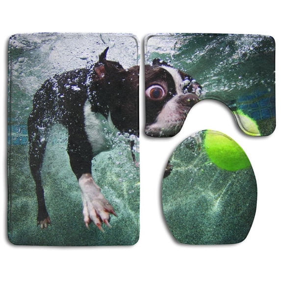 PUDMAD Lovely Bulldog To Play Ball In Water 3 Piece Bathroom Rugs Set Bath Rug Contour Mat and Toilet Lid Cover