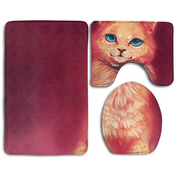 PUDMAD Lovely Cat 3 Piece Bathroom Rugs Set Bath Rug Contour Mat and Toilet Lid Cover
