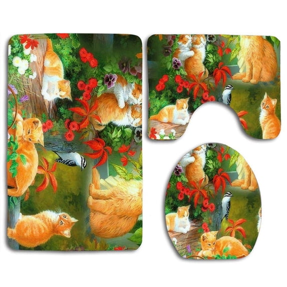 PUDMAD Lovely Cats Puppies in Garden 3 Piece Bathroom Rugs Set Bath Rug Contour Mat and Toilet Lid Cover