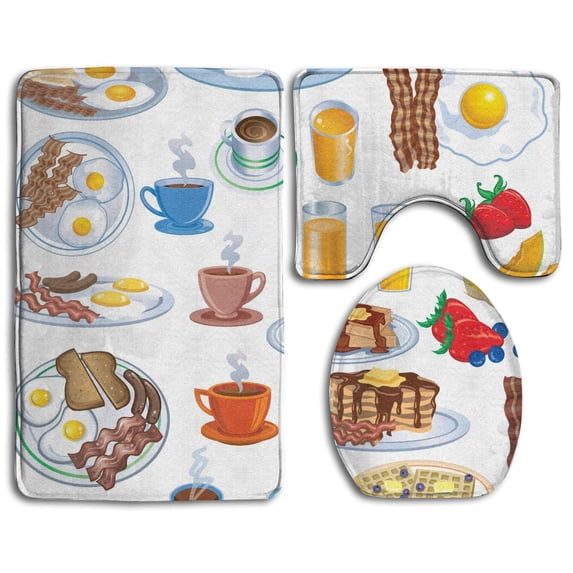 PUDMAD Lovely Meat Eggs Cake Breakfast 3 Piece Bathroom Rugs Set Bath Rug Contour Mat and Toilet Lid Cover