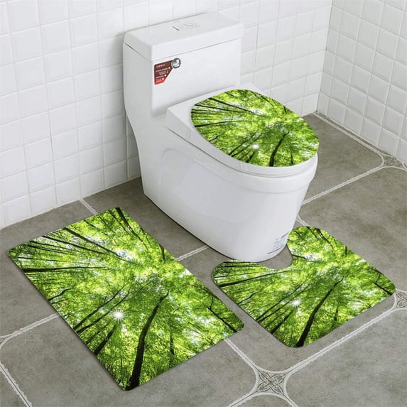 PUDMAD Low Angle Shot Beech Tree Forest 3 Piece Bathroom Rugs Set Bath Rug Contour Mat and Toilet Lid Cover