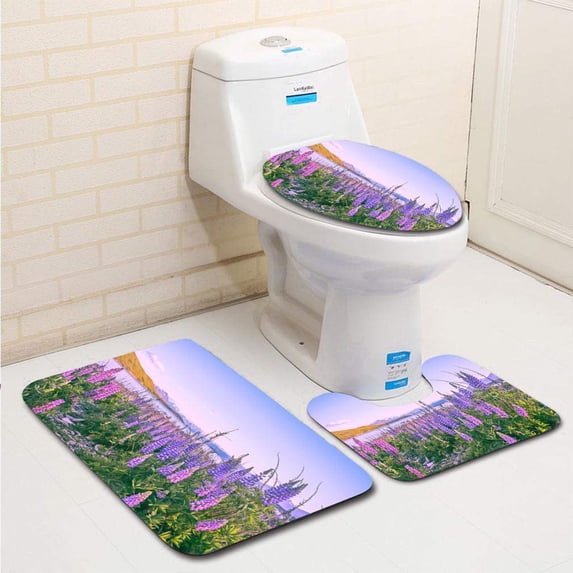 PUDMAD Lupine Flowers Blooming in Lake tekapo 3 Piece Bathroom Rugs Set Bath Rug Contour Mat and Toilet Lid Cover