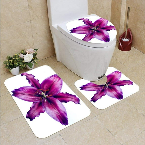 PUDMAD Luxury Lily 3 Piece Bathroom Rugs Set Bath Rug Contour Mat and Toilet Lid Cover