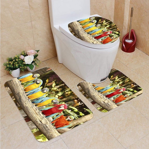 PUDMAD Macaw Bird 3 Piece Bathroom Rugs Set Bath Rug Contour Mat and Toilet Lid Cover