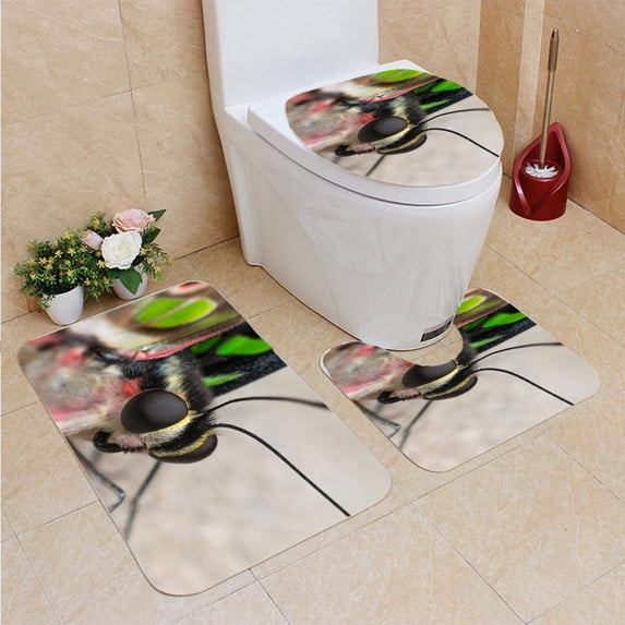 PUDMAD Macro Butterfly Insect 3 Piece Bathroom Rugs Set Bath Rug Contour Mat and Toilet Lid Cover