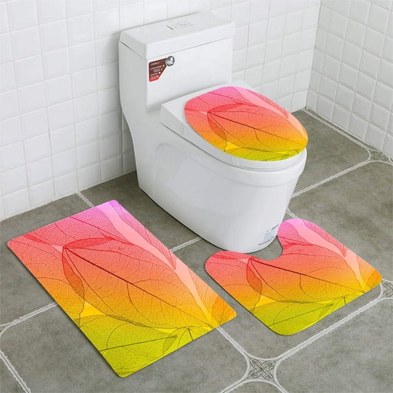PUDMAD Macro Leaves 3 Piece Bathroom Rugs Set Bath Rug Contour Mat and Toilet Lid Cover