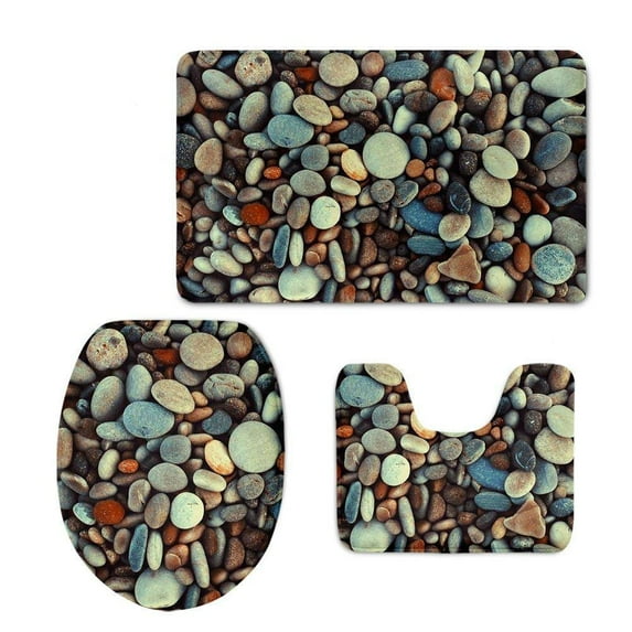 PUDMAD Macro Pebbles Stones Nature Beach Sea 3 Piece Bathroom Rugs Set Bath Rug Contour Mat and Toilet Lid Cover