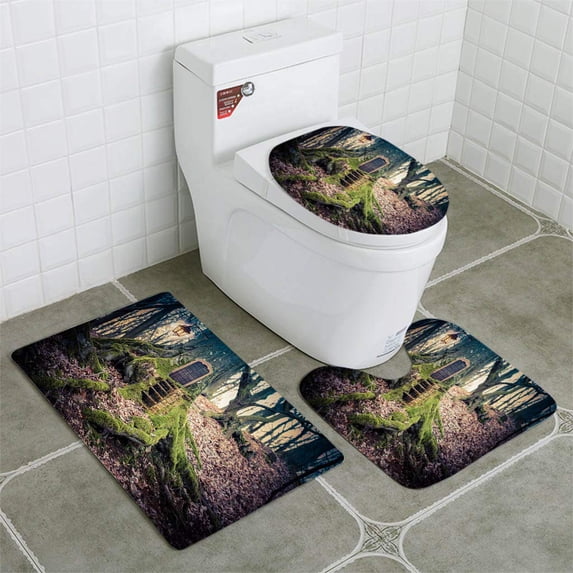 PUDMAD Magic Fairy Forest 3 Piece Bathroom Rugs Set Bath Rug Contour Mat and Toilet Lid Cover