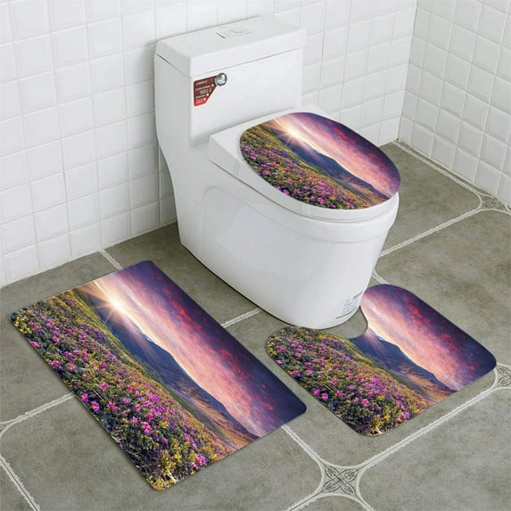 PUDMAD Magic Pink Rhododendron Flowers in Summer Mountain 3 Piece Bathroom Rugs Set Bath Rug Contour Mat and Toilet Lid Cover