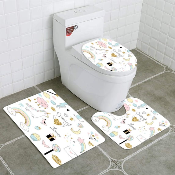 PUDMAD Magic Set Unicorn Rainbow Hearts Clouds and Others Elements 3 Piece Bathroom Rugs Set Bath Rug Contour Mat and Toilet Lid Cover