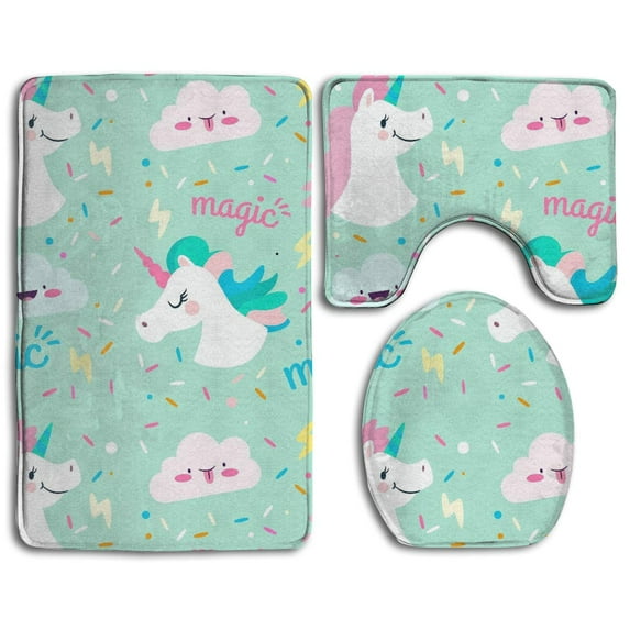 PUDMAD Magic Unicorn Mint Green 3 Piece Bathroom Rugs Set Bath Rug Contour Mat and Toilet Lid Cover