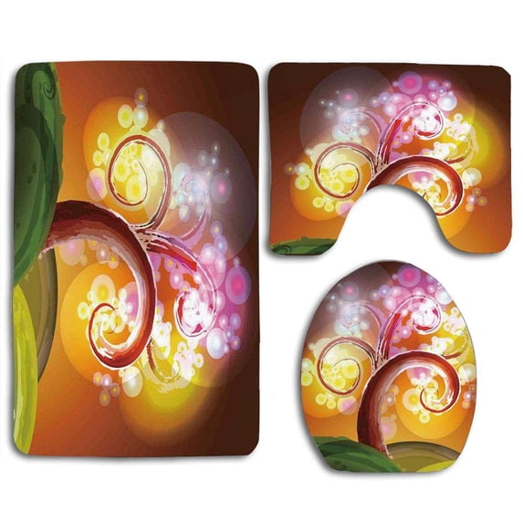 PUDMAD Magical Enchanted Forest Theme Illusion Curve Leafless Tree Vibrant Dreamy 3 Piece Bathroom Rugs Set Bath Rug Contour Mat and Toilet Lid Cover