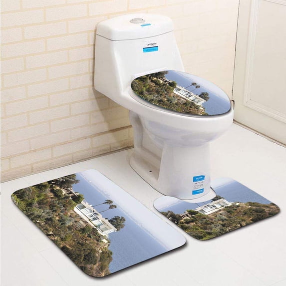 PUDMAD Malibu Homes Coastal Bluff 3 Piece Bathroom Rugs Set Bath Rug Contour Mat and Toilet Lid Cover