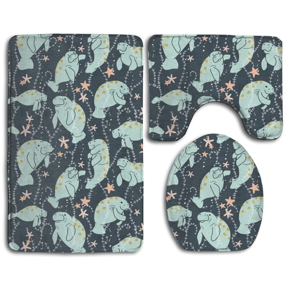 PUDMAD Manatee 3 Piece Bathroom Rugs Set Bath Rug Contour Mat and Toilet Lid Cover