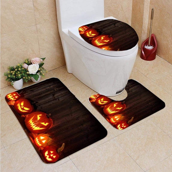 PUDMAD Many Halloween Jack o Lanterns at Night Against Dark Wood 3 Piece Bathroom Rugs Set Bath Rug Contour Mat and Toilet Lid Cover