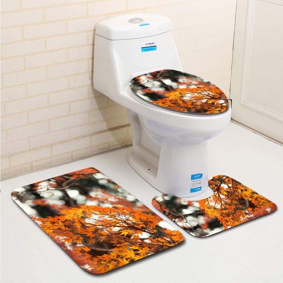 PUDMAD Maple Leaves 3 Piece Bathroom Rugs Set Bath Rug Contour Mat and Toilet Lid Cover