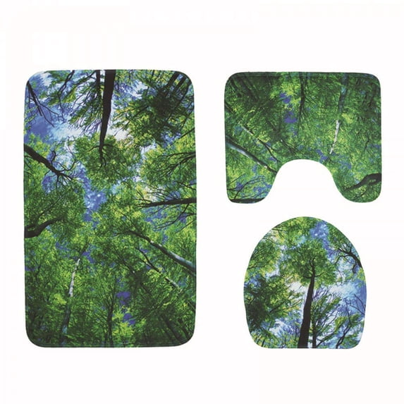 PUDMAD Mats Waves Printed 3 Piece Bathroom Rugs Set Bath Rug Contour Mat and Toilet Lid Cover