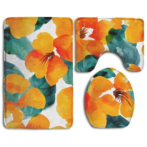 PUDMAD May Flowers 3 Piece Bathroom Rugs Set Bath Rug Contour Mat and Toilet Lid Cover