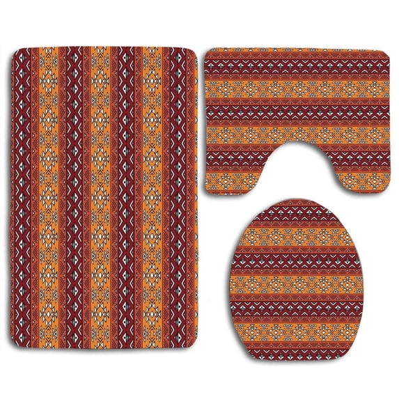 PUDMAD Maya Inspired Horizontal Esoteric Latin Inspired Geometric 3 Piece Bathroom Rugs Set Bath Rug Contour Mat and Toilet Lid Cover