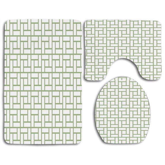 PUDMAD Maze Shaped Squares Rectangulars Lines Modern Pistachio 3 Piece Bathroom Rugs Set Bath Rug Contour Mat and Toilet Lid Cover
