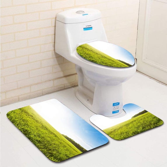 PUDMAD Meadow 3 Piece Bathroom Rugs Set Bath Rug Contour Mat and Toilet Lid Cover