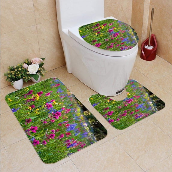PUDMAD Meadow Mountain Wildflowers 3 Piece Bathroom Rugs Set Bath Rug Contour Mat and Toilet Lid Cover