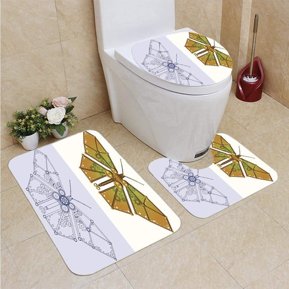 PUDMAD Mechanical Butterfly 3 Piece Bathroom Rugs Set Bath Rug Contour Mat and Toilet Lid Cover