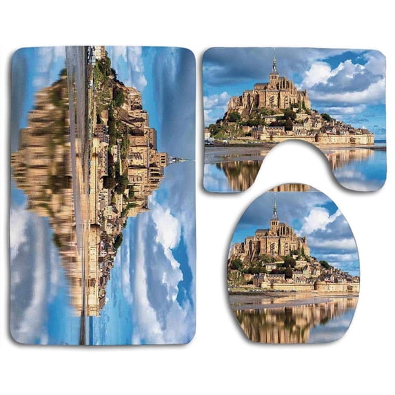 PUDMAD Medieval French Castle on Sea Fairy Renaissance Historical Cultural Heritage 3 Piece Bathroom Rugs Set Bath Rug Contour Mat and Toilet Lid Cover