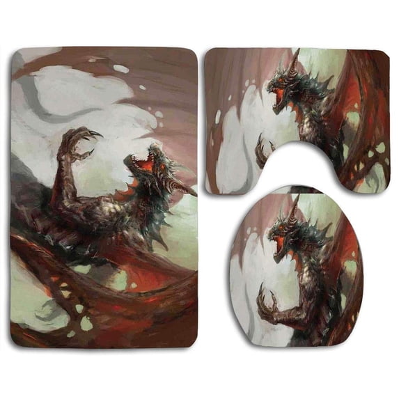 PUDMAD Medieval Ilustration Mythological Legendary Creature Dragon Imaginary Culture Art Work 3 Piece Bathroom Rugs Set Bath Rug Contour Mat and Toilet Lid Cover