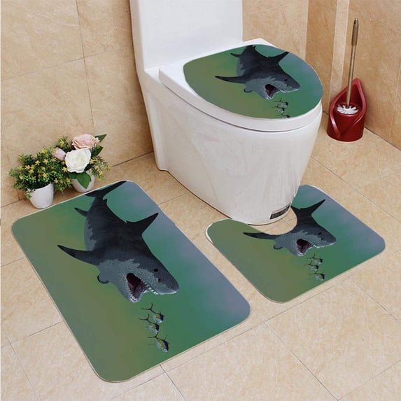 PUDMAD Megalodon Shark Attack 3 Piece Bathroom Rugs Set Bath Rug Contour Mat and Toilet Lid Cover