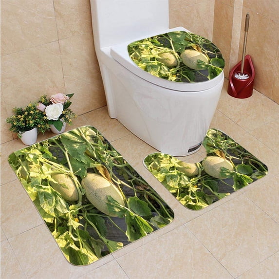 PUDMAD Melon Fruit 3 Piece Bathroom Rugs Set Bath Rug Contour Mat and Toilet Lid Cover
