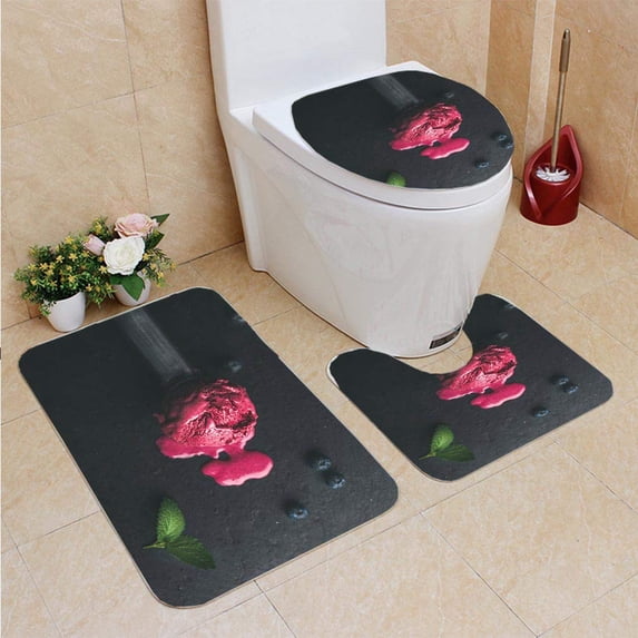 PUDMAD Melting Scoop berry ice Cream Over Slate Stone 3 Piece Bathroom Rugs Set Bath Rug Contour Mat and Toilet Lid Cover