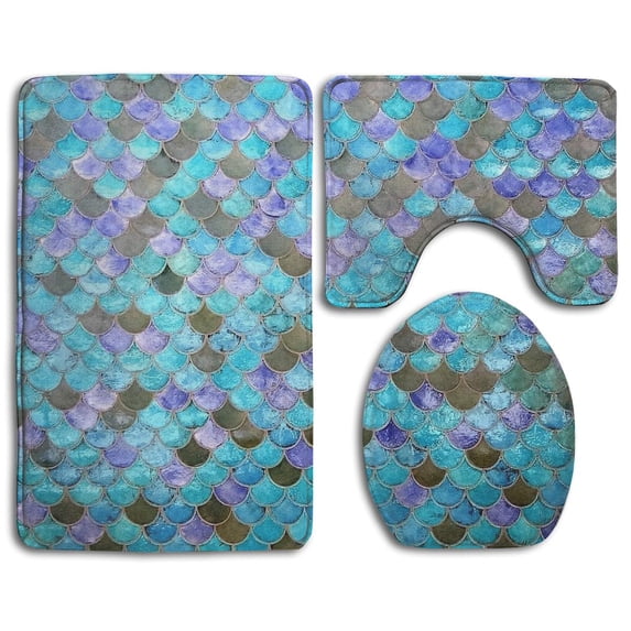 PUDMAD Mermaid Fish Scale 3 Piece Bathroom Rugs Set Bath Rug Contour Mat and Toilet Lid Cover