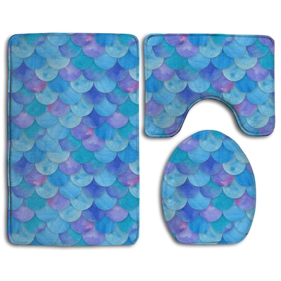 PUDMAD Mermaid Fish Scales Blue 3 Piece Bathroom Rugs Set Bath Rug Contour Mat and Toilet Lid Cover