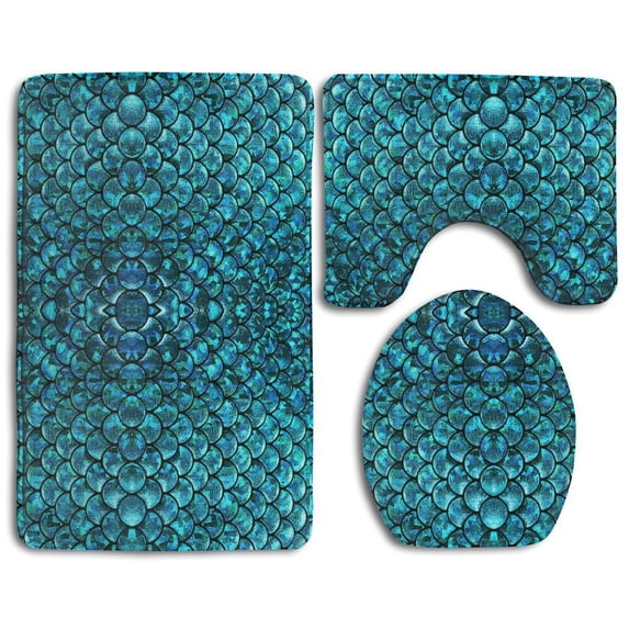 PUDMAD Mermaid Scales 3 Piece Bathroom Rugs Set Bath Rug Contour Mat and Toilet Lid Cover