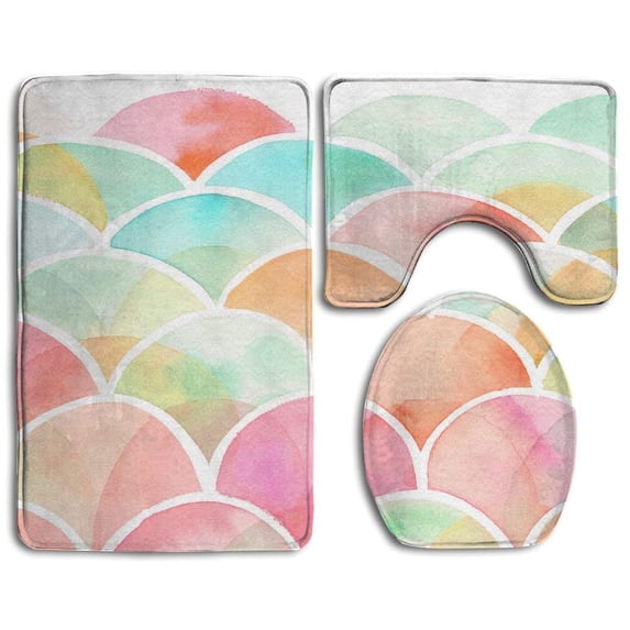 PUDMAD Mermaid Scales Watercolor 3 Piece Bathroom Rugs Set Bath Rug Contour Mat and Toilet Lid Cover