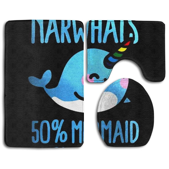PUDMAD Mermaid Unicorn Narwhals 3 Piece Bathroom Rugs Set Bath Rug Contour Mat and Toilet Lid Cover