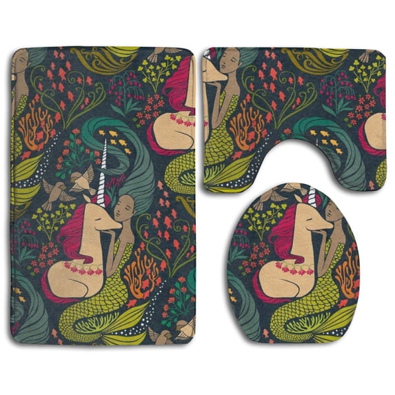 PUDMAD Mermaid and Unicorn 3 Piece Bathroom Rugs Set Bath Rug Contour Mat and Toilet Lid Cover