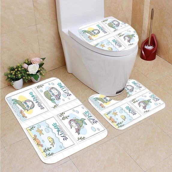 PUDMAD Mermaids Underwater sea Life Creatures 3 Piece Bathroom Rugs Set Bath Rug Contour Mat and Toilet Lid Cover
