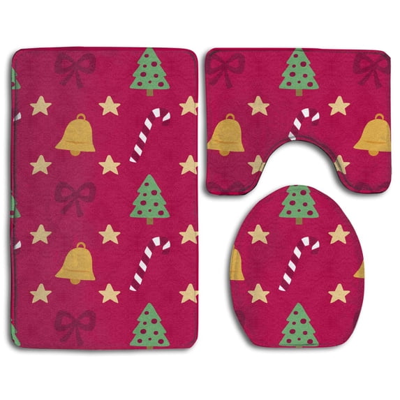 PUDMAD Merry Christmas Bells Candy 3 Piece Bathroom Rugs Set Bath Rug Contour Mat and Toilet Lid Cover