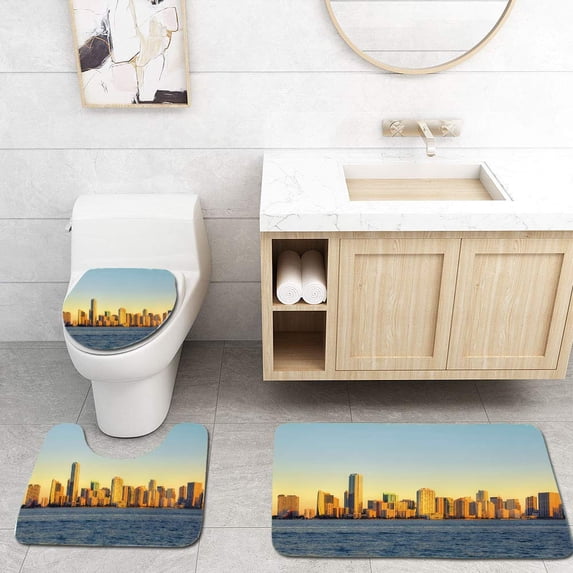 PUDMAD Miami Skyline at Sunrise 3 Piece Bathroom Rugs Set Bath Rug Contour Mat and Toilet Lid Cover