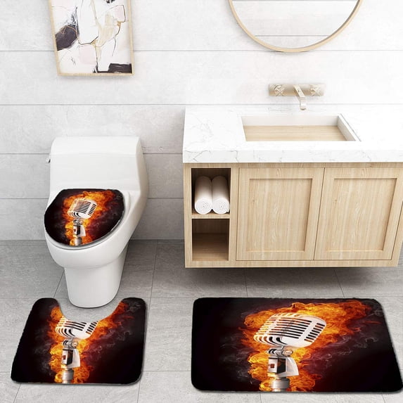 PUDMAD Microphone in Fire 3 Piece Bathroom Rugs Set Bath Rug Contour Mat and Toilet Lid Cover