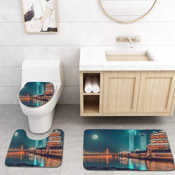 PUDMAD Mid Autumn Festival Pavilion Prince Teng and brige Across to Yangtze River Under 3 Piece Bathroom Rugs Set Bath Rug Contour Mat and Toilet Lid Cover