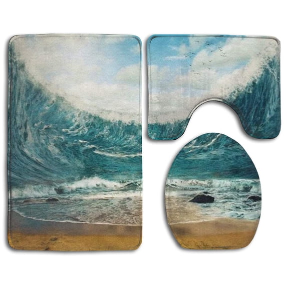 PUDMAD Mightier Sea 3 Piece Bathroom Rugs Set Bath Rug Contour Mat and Toilet Lid Cover