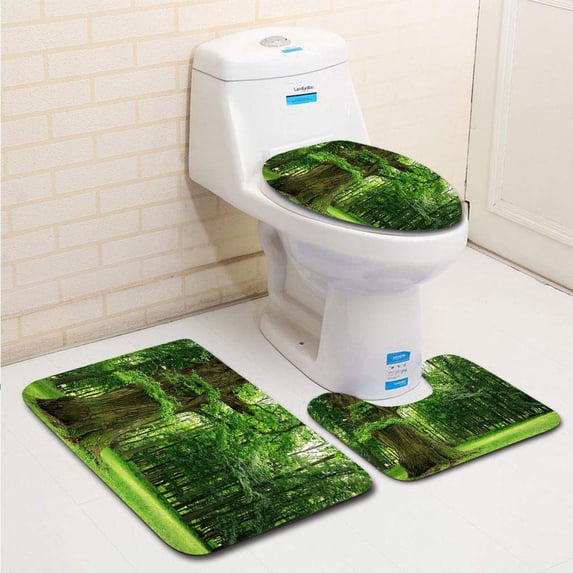 PUDMAD Mighty Oak Tree on Clearing in Deciduous Forest 3 Piece Bathroom Rugs Set Bath Rug Contour Mat and Toilet Lid Cover