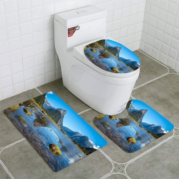 PUDMAD Milford Sound in New Zealand 3 Piece Bathroom Rugs Set Bath Rug Contour Mat and Toilet Lid Cover
