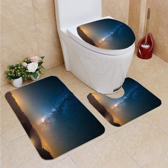 PUDMAD Milky Way Starry Sky Captured at high Altitude in Summertime Alps Glowing Aosta Valley Below t 3 Piece Bathroom Rugs Set Bath Rug Contour Mat and Toilet Lid Cover