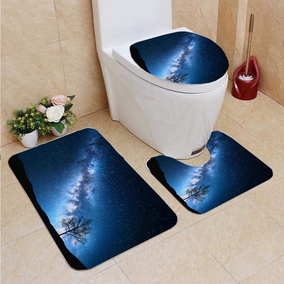 PUDMAD Milky Way Tree Field 3 Piece Bathroom Rugs Set Bath Rug Contour Mat and Toilet Lid Cover