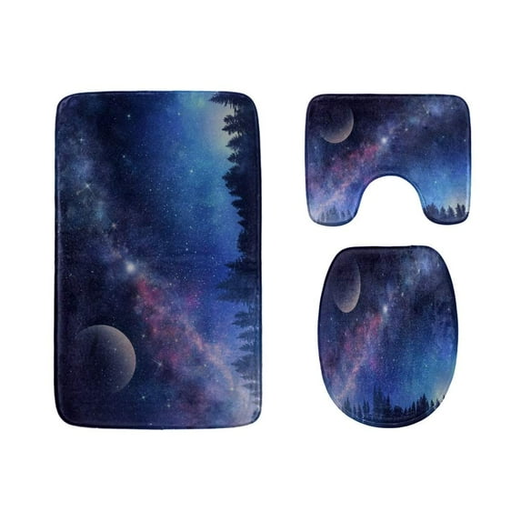 PUDMAD Milky Way and Starry Night Sky 3 Piece Bathroom Rugs Set Bath Rug Contour Mat and Toilet Lid Cover
