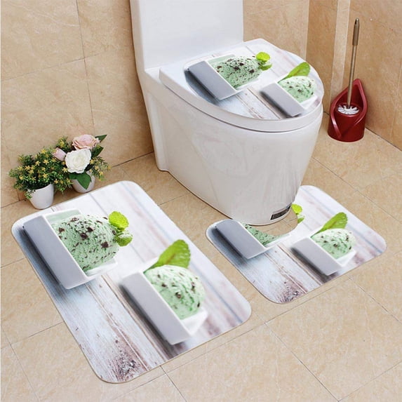 PUDMAD Mint ice Cream Chocolate Chips 3 Piece Bathroom Rugs Set Bath Rug Contour Mat and Toilet Lid Cover